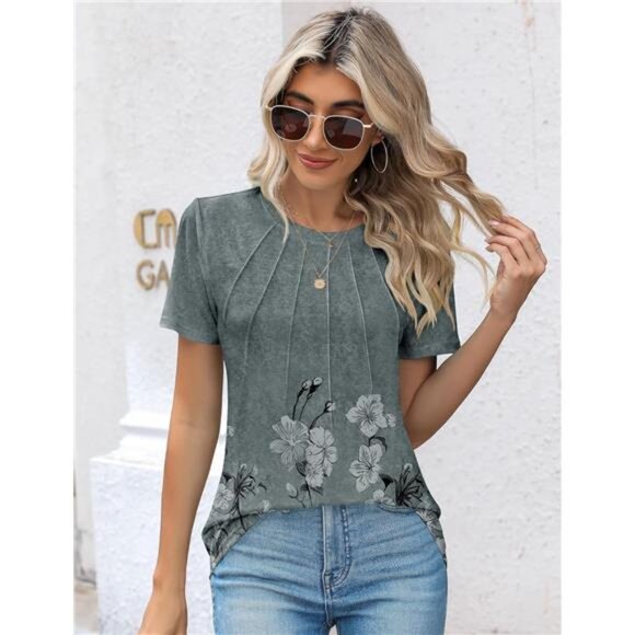 Womens Casual Crew Neck Short Sleeve Pleated Tops Blouses Fashion Clothes 2025 - Picture 4 of 6
